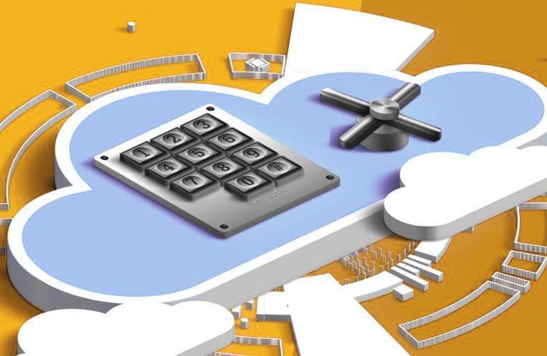Eine 3D-Illustration einer Wolke mit einer numerischen Tastatur und einem Propeller auf der Oberseite, vor einem geteilten gelben und weißen Hintergrund mit abstrakten Elementen.