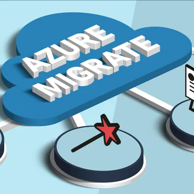 Illustration von „Azure Migrate“ in einer Cloud, verbunden mit Symbolen einer Datenbank, Bildschirmen, einem Zauberstab und Dokumenten, die auf Migrationstools hinweisen.
