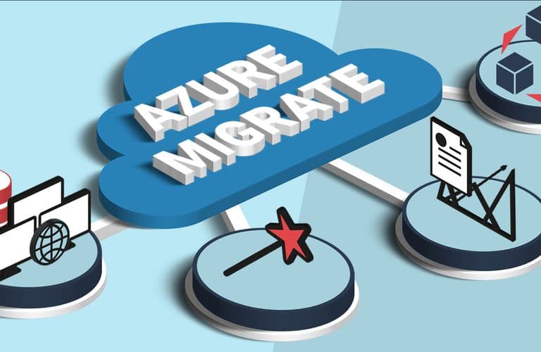 Illustration von „Azure Migrate“ in einer Cloud, verbunden mit Symbolen einer Datenbank, Bildschirmen, einem Zauberstab und Dokumenten, die auf Migrationstools hinweisen.