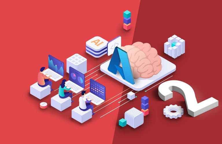 Illustration von Menschen, die an Laptops, KI- und Gehirn-Symbolen und digitalen Elementen auf einem roten Hintergrund arbeiten, die Technologie und Innovation symbolisieren.
