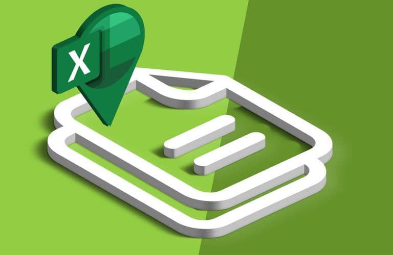 Ein 3D-Excel-Symbol mit einer grünen Stecknadel und einem Dokumentensymbol auf einem geteilten grünen Hintergrund.