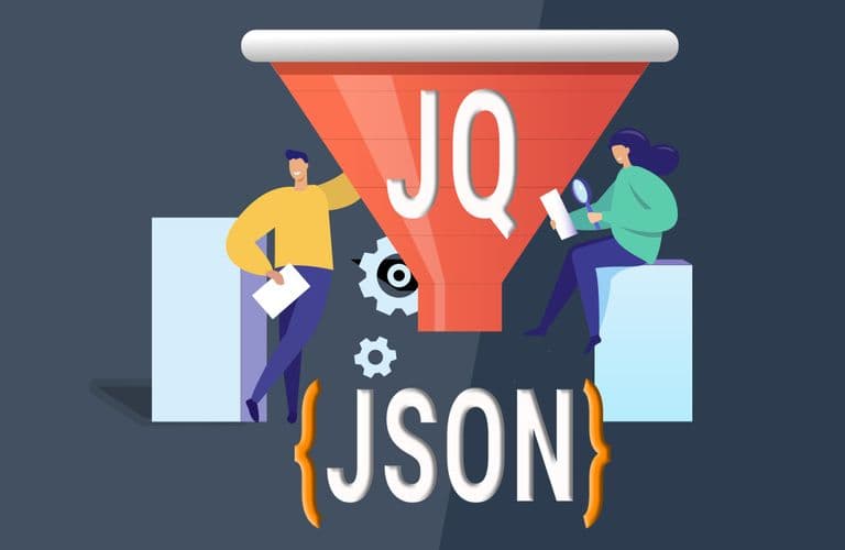 Illustration von zwei Personen mit einem großen Trichter mit der Aufschrift „JQ“, der in „JSON“ mit Zahnrädern filtert, was die Datenverarbeitung symbolisiert.
