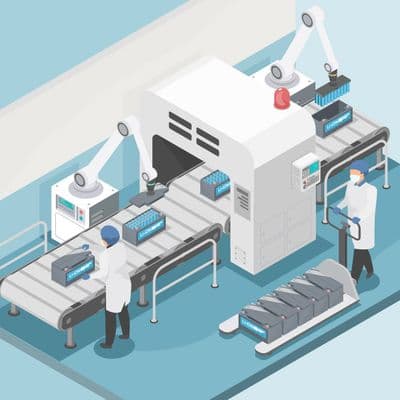 Isometrische Illustration einer Fabrikszene mit Arbeitern, die Förderbänder und Maschinen bedienen, mit Roboterarmen und Schalttafeln.