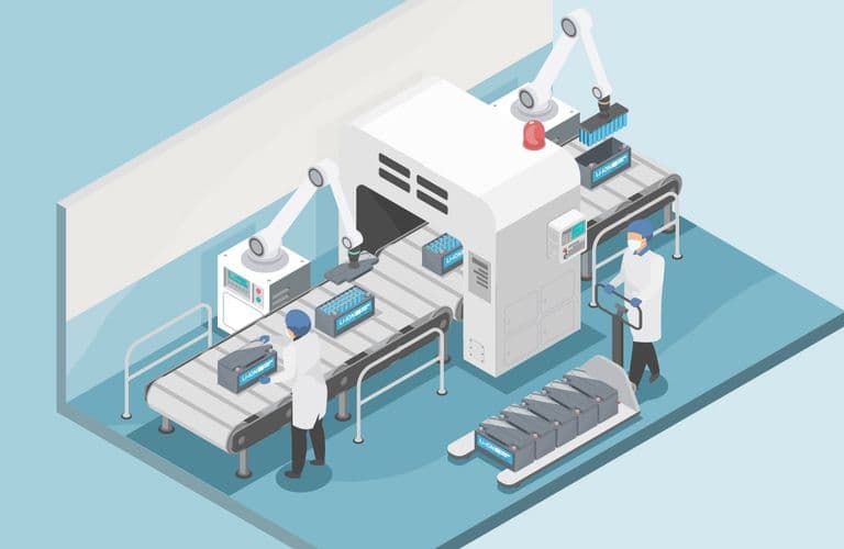 Isometrische Illustration einer Fabrikszene mit Arbeitern, die Förderbänder und Maschinen bedienen, mit Roboterarmen und Schalttafeln.
