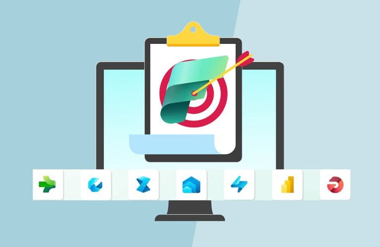 Illustration eines Computermonitors, auf dem ein Clipboard mit einem Pfeil zu sehen ist, der ein Ziel trifft. Unterhalb des Monitors sind verschiedene App-Symbole abgebildet.