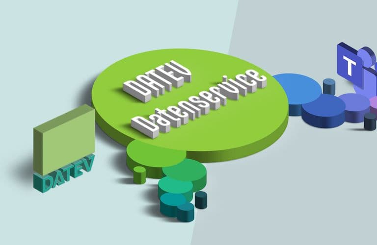3D-Illustration eines grünen Kreises mit dem Text „DATEV Datenservice“, verbunden mit kleineren Kreisen und Symbolen, darunter das „Teams“-Logo.