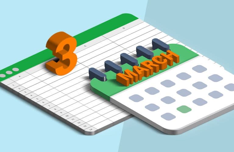 Illustration eines Kalenders mit einer 3D-Zahl „3“ und dem Text „März“, mit einem Raster und einer Spiralbindung.