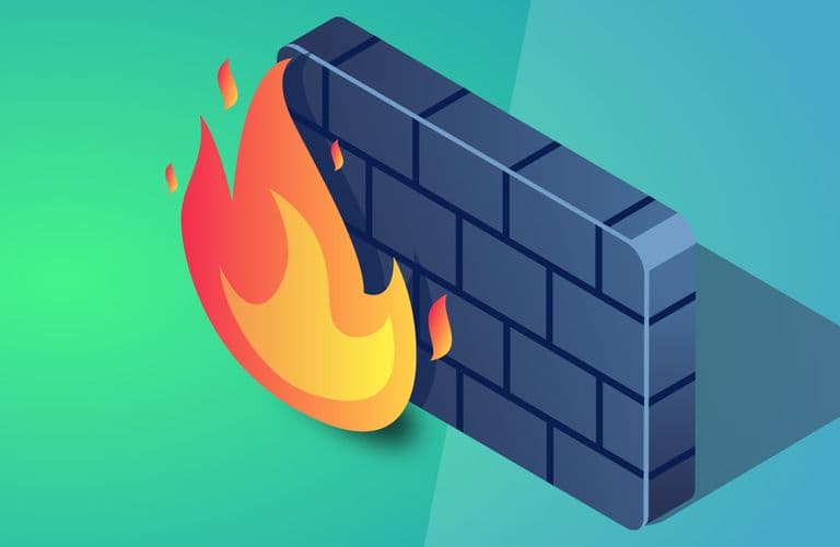Illustration einer Backsteinmauer mit Flammen, die ein Firewall-Konzept auf einem grünen und blauen Hintergrund symbolisiert.