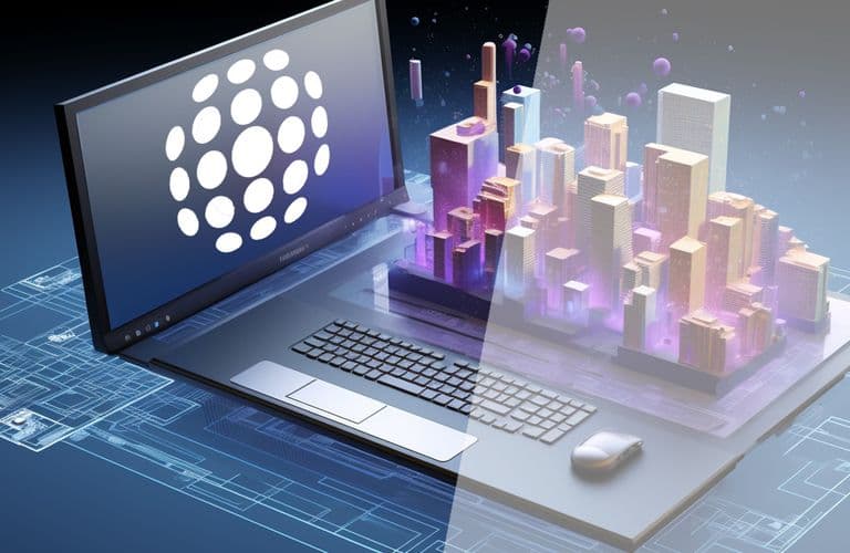Ein Laptop zeigt ein leuchtendes Hologramm einer Stadtlandschaft, das aus dem Bildschirm hervortritt und digitale Innovation und Technologieintegration symbolisiert.