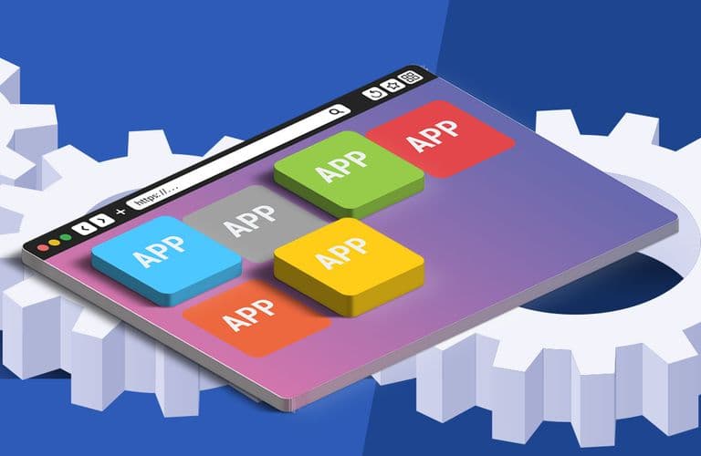 Illustration eines Webbrowser-Fensters mit bunten App-Symbolen auf einem Hintergrund aus ineinander greifenden Zahnrädern, die Technologie und Integration symbolisieren.