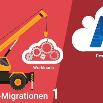 Illustration eines Krans, der eine Wolke mit der Aufschrift "Workloads" in eine andere Wolke mit der Aufschrift "Destination" und einem "A"-Logo bewegt. Text: "Lift & Shift-Migrationen". Teil 1