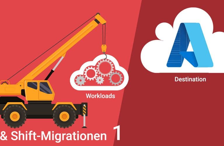 Illustration eines Krans, der eine Wolke mit der Aufschrift "Workloads" in eine andere Wolke mit der Aufschrift "Destination" und einem "A"-Logo bewegt. Text: "Lift & Shift-Migrationen". Teil 1