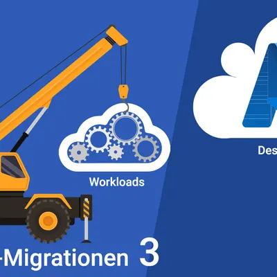 Illustration eines Krans, der eine Wolke mit der Aufschrift „Workloads“ in Richtung einer größeren Wolke mit einem „A“ hebt, was die Cloud-Migration symbolisiert. Teil 3