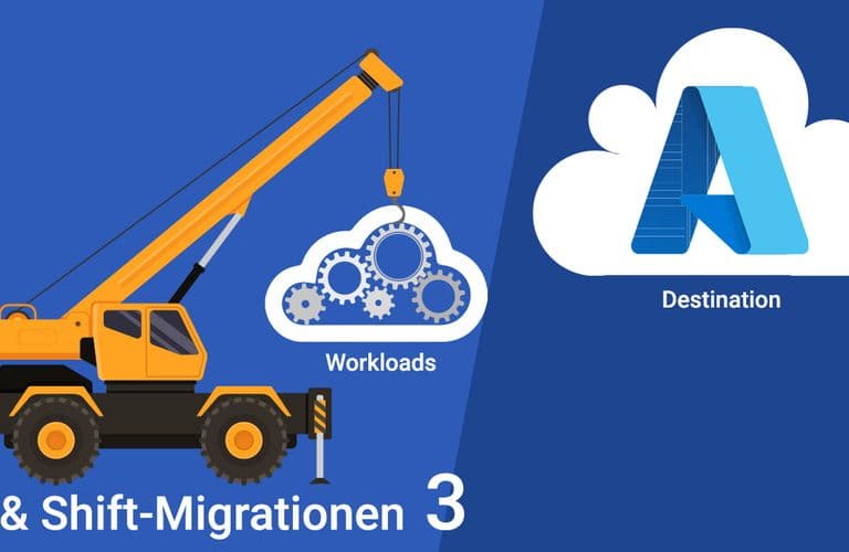 Illustration eines Krans, der eine Wolke mit der Aufschrift „Workloads“ in Richtung einer größeren Wolke mit einem „A“ hebt, was die Cloud-Migration symbolisiert. Teil 3