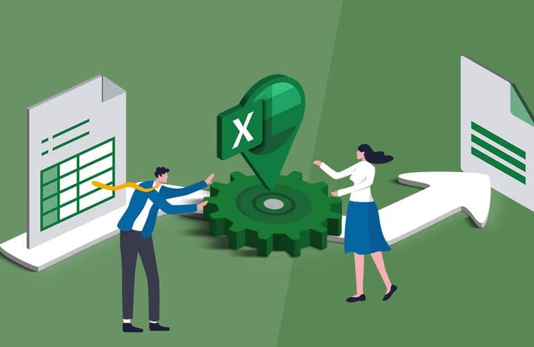 Illustration von zwei Personen, die mit einem großen Excel-Symbol auf einem Zahnrad interagieren, flankiert von Dokumenten und einem weißen Pfeil auf grünem Hintergrund.
