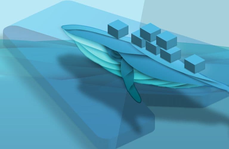 Illustration of a blue whale with shipping containers on its back, symbolizing Docker's containerization technology.