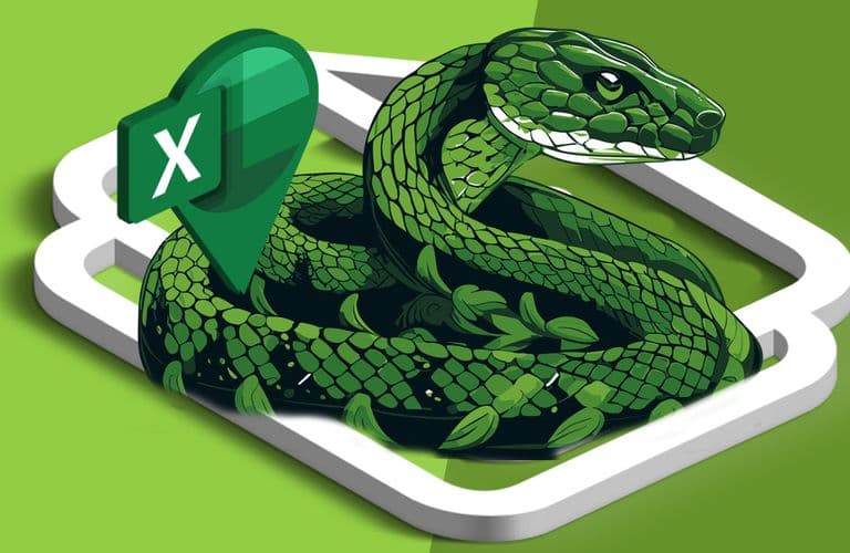 Eine grüne Schlange mit Blattmustern, die sich um einen weißen Rahmen windet, mit einem Excel-Logo im Hintergrund auf einem grünen Split-Tone-Hintergrund.