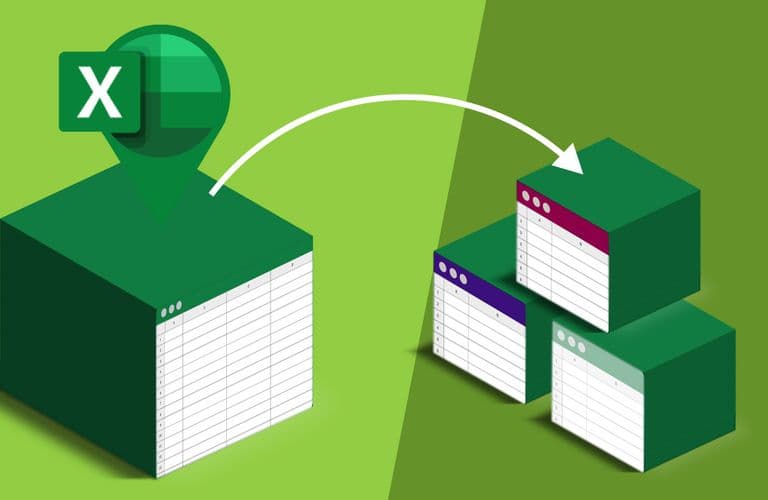 Illustration eines Excel-Symbols mit einem Pfeil, der auf drei kleinere Tabellenkalkulationssymbole zeigt, was die Aufteilung oder Organisation von Daten symbolisiert.