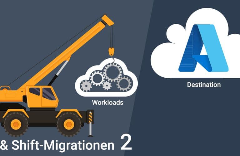 Illustration eines Krans, der eine Wolke mit der Aufschrift "Workloads" auf eine andere Wolke mit dem Buchstaben "A" hebt, was "Lift & Shift Migration" symbolisiert. Teil 2