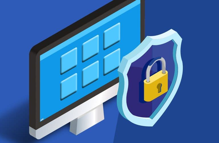 Illustration eines Computermonitors mit blauen Quadraten und einem Schild und Vorhängeschloss im Vordergrund, die für Cybersicherheit stehen.