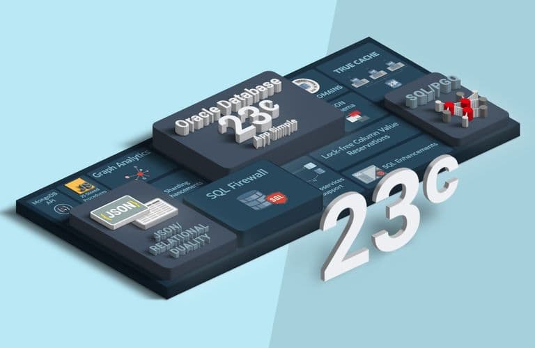 3D-Infografik, die die Funktionen von Oracle Database 23c, einschließlich JSON, SQL Firewall und mehr, mit einem modernen blauen Hintergrund präsentiert.