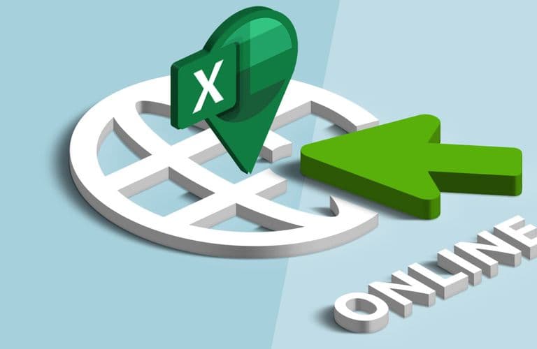 Ein grüner Excel-Logo-Pin auf einem Globus-Symbol mit einem Pfeil, der darauf zeigt, und das Wort „ONLINE“ darunter auf einem hellblauen Hintergrund.