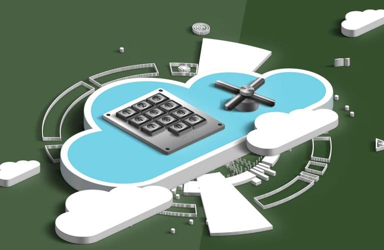 Eine 3D-Illustration einer Wolke mit einem Tastenfeld und einer Tresortür, umgeben von abstrakten Formen auf grünem Hintergrund.