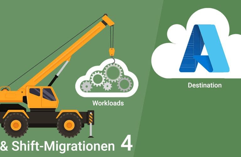 Illustration eines Krans, der eine Wolke mit der Aufschrift „Workloads“ auf eine andere Wolke mit einem „A“-Logo hebt, was die Migration zu einem neuen Ziel symbolisiert.