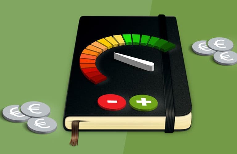 Ein Notizbuch mit einer Skala, die ein Farbspektrum anzeigt, Plus- und Minus-Tasten und Euro-Münzen, die auf einem grünen Hintergrund verstreut sind.