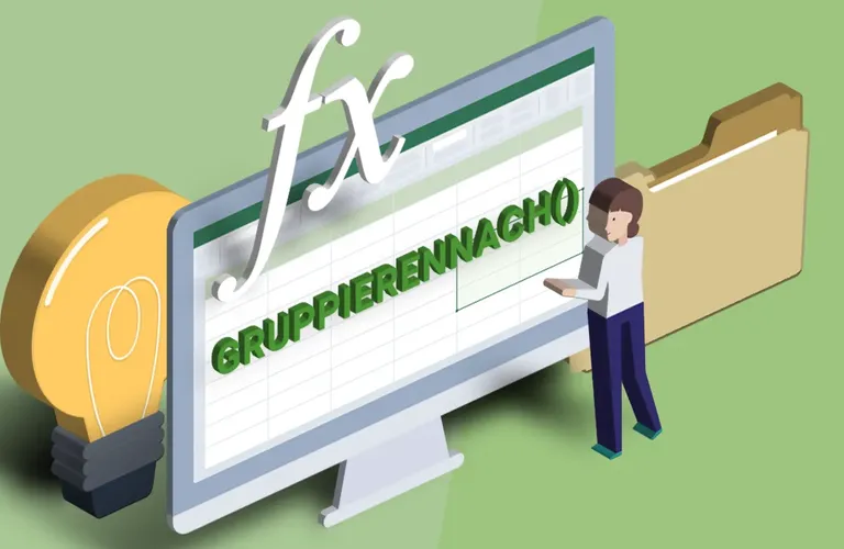 Illustration einer Person, die mit einem Computer interagiert, der eine Tabellenkalkulation anzeigt. Auf dem Bildschirm ist „GRUPPIERENNACHO“ zu sehen, daneben ein Ordner und eine Glühbirne.