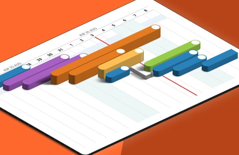 3D-Balkendiagramm auf einer weißen Tafel mit farbigen Balken in Lila, Orange, Grün und Blau vor einem orangefarbenen Hintergrund.