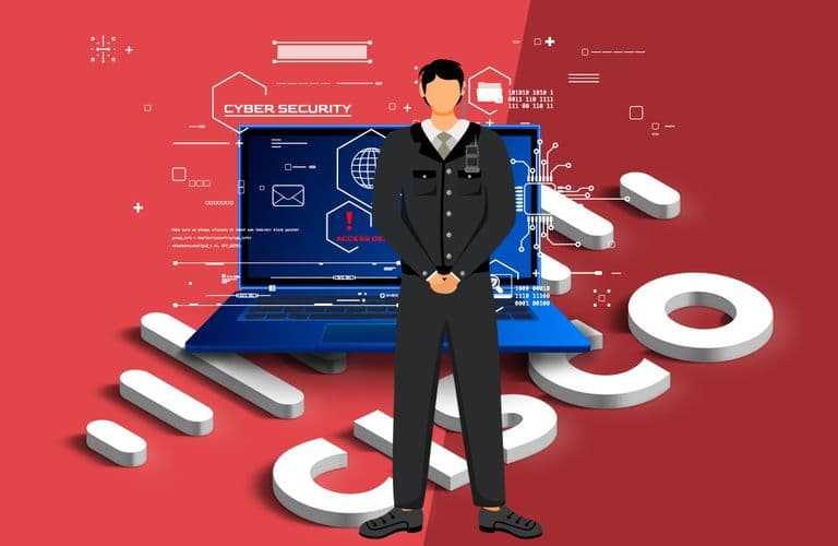 Illustration einer Person in einem Anzug, die vor einem Laptop mit Cybersicherheitsgrafiken und dem Text „Cisco“ auf rotem Hintergrund steht.