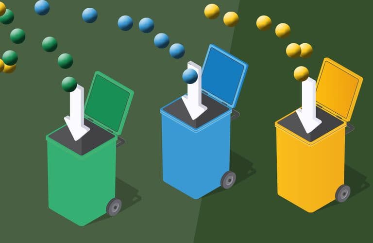 Illustration von grünen, blauen und gelben Behältern mit Pfeilen, die farbige Kugeln in die jeweiligen Behälter leiten und damit das Sortieren oder Recycling symbolisieren.