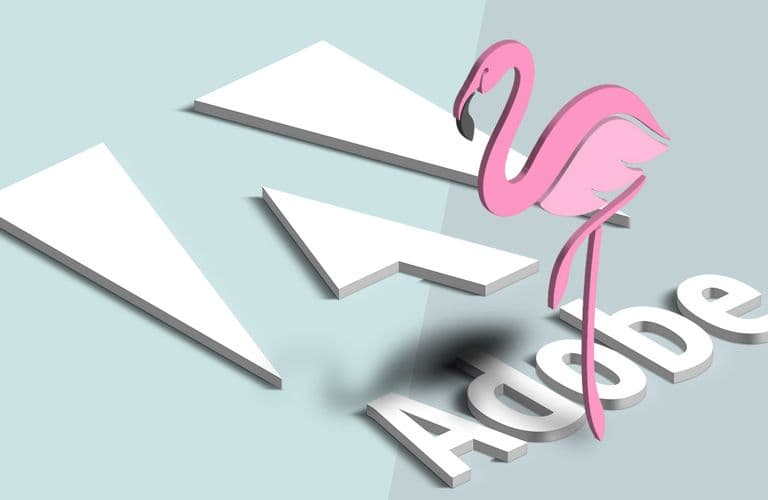 Adobe-Logo mit einem darauf stehenden rosa Flamingo auf hellblauem Hintergrund.