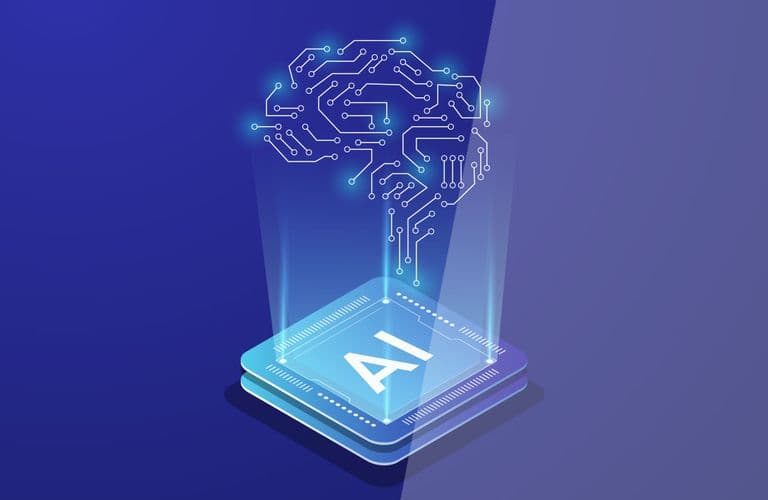 Illustration eines leuchtenden, mit Schaltkreisen versehenen Gehirns über einer Plattform mit der Aufschrift „AI“ als Symbol für die Technologie der künstlichen Intelligenz