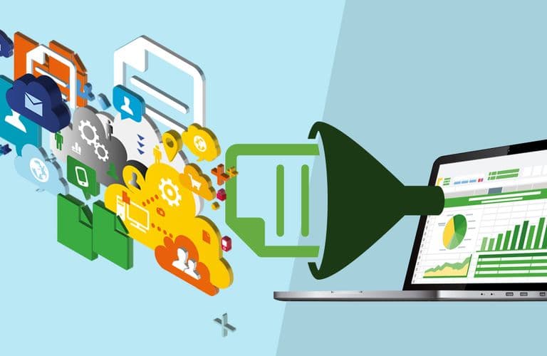 Illustration der Datenfilterung: Bunte Symbole fließen durch einen Trichter in einen Laptop, auf dessen Bildschirm Grafiken und Diagramme angezeigt werden.
