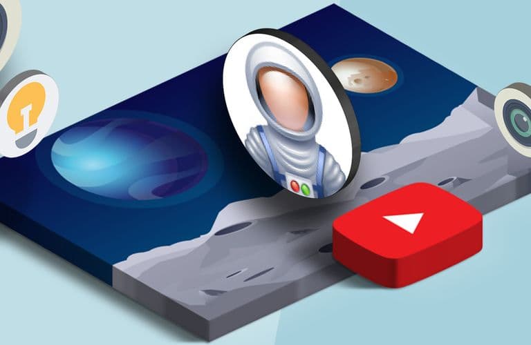 Illustration eines Astronauten auf der Mondoberfläche, umgeben von digitalen Symbolen, darunter eine Wiedergabetaste und Planeten, vor einem blauen Hintergrund.