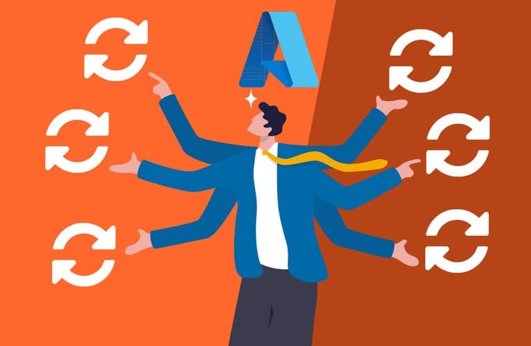 Illustration einer Person mit mehreren Armen, die jeweils auf Refresh-Icons zeigen, unter einem großen Buchstaben „A“ auf orangefarbenem und braunem Hintergrund.