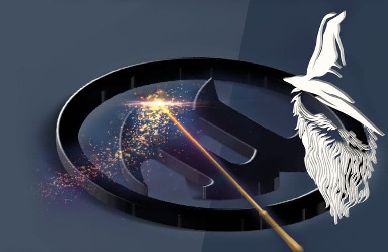 Unreal Logo mit einem Zauberhut und Bart sowie einem Zauberstab, der vor einem dunklen Hintergrund bunte Funken versprüht.