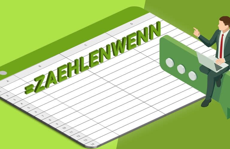 Illustration einer Person mit einem Laptop, die auf einer riesigen Tabelle mit der Aufschrift „ZAHLENWENN” auf grünem Hintergrund sitzt.