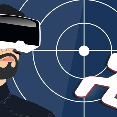 Illustration einer Person, die eine VR-Brille trägt, mit einem Zielsymbol und dem Umriss einer Figur auf dem Boden im Hintergrund.