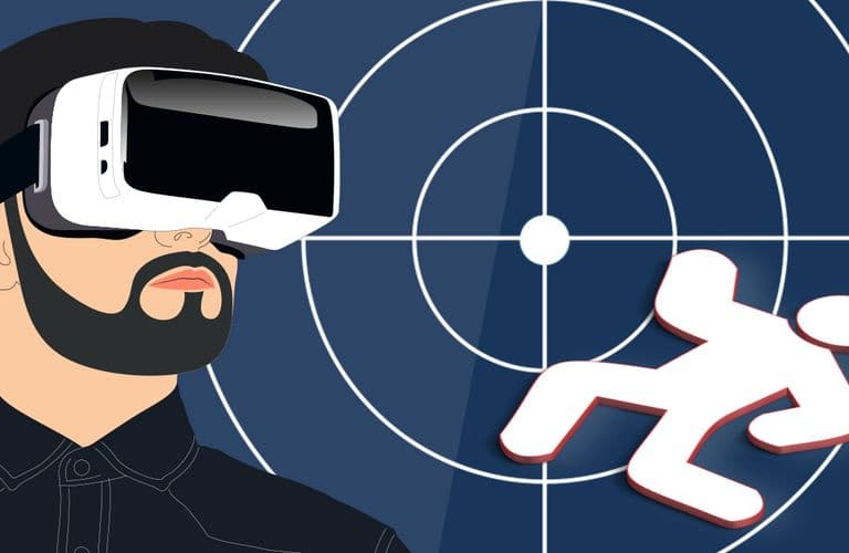 Illustration einer Person, die eine VR-Brille trägt, mit einem Zielsymbol und dem Umriss einer Figur auf dem Boden im Hintergrund.