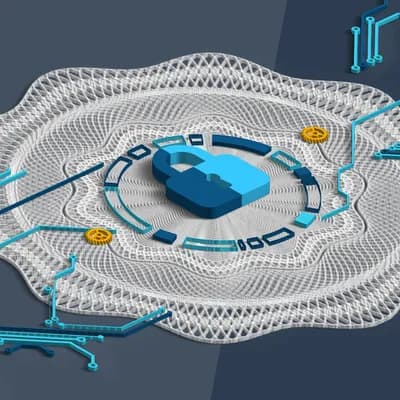Abstrakte digitale Illustration eines blauen Vorhängeschlosses, umgeben von verschlungenen Netzlinien und Mustern auf dunklem Hintergrund.