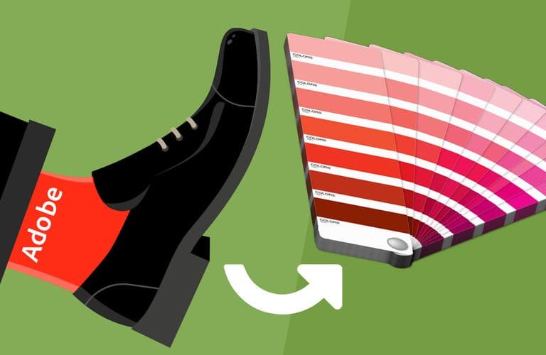 Illustration eines Schuhs mit der Aufschrift „Adobe“ auf der Sohle, der auf einen Fächer aus rosa Farbmusterstreifen auf grünem Hintergrund zeigt.