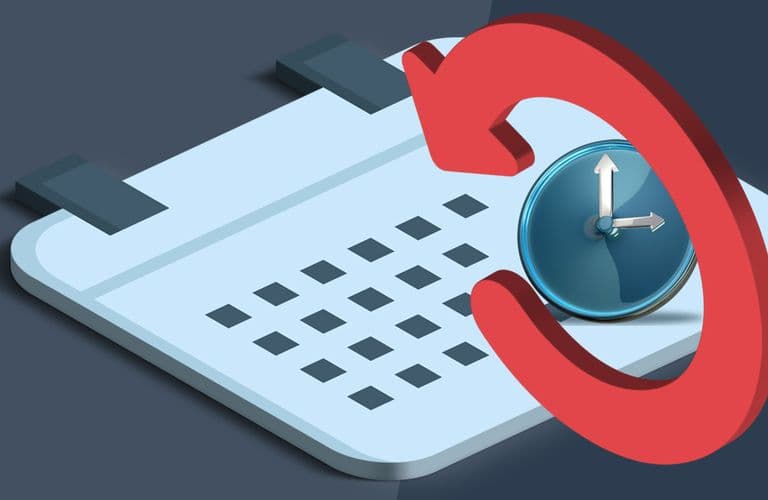 Illustration eines Kalenders mit einem roten kreisförmigen Pfeil und einer blauen Uhr, die Zeitmanagement oder Terminplanung symbolisieren.