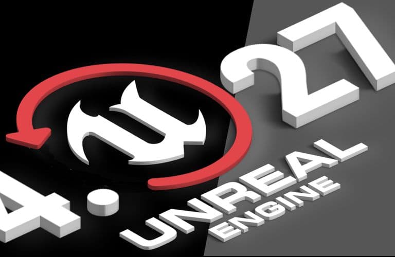 Logo für Unreal Engine 4.27, bestehend aus einem stilisierten „U“ mit einem roten kreisförmigen Pfeil vor einem geteilten schwarz-grauen Hintergrund.