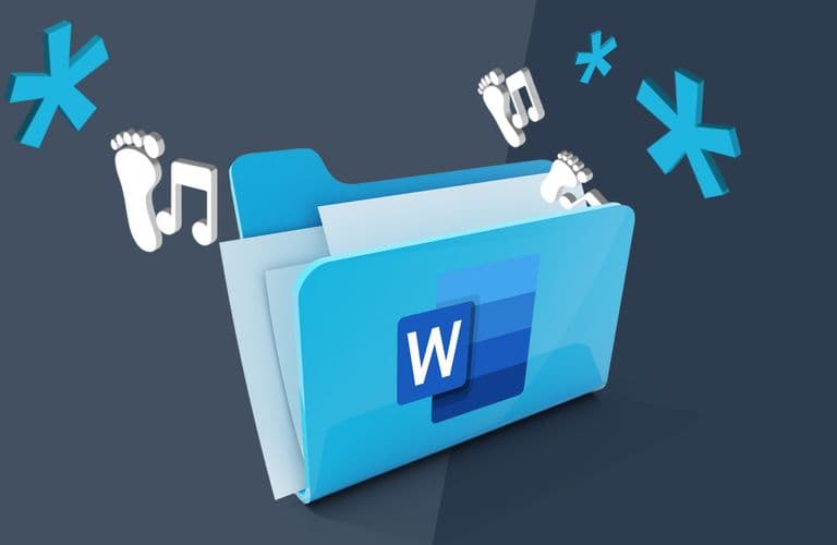 Blauer Ordner mit einem „W“-Logo, umgeben von Noten, Fußabdrücken und Sternchen auf dunklem Hintergrund.