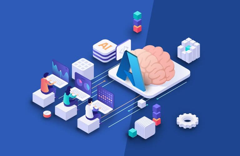 Illustration von Menschen, die mit KI-Technologie arbeiten, mit einem Gehirn, Diagrammen und digitalen Elementen auf einem blauen Hintergrund.