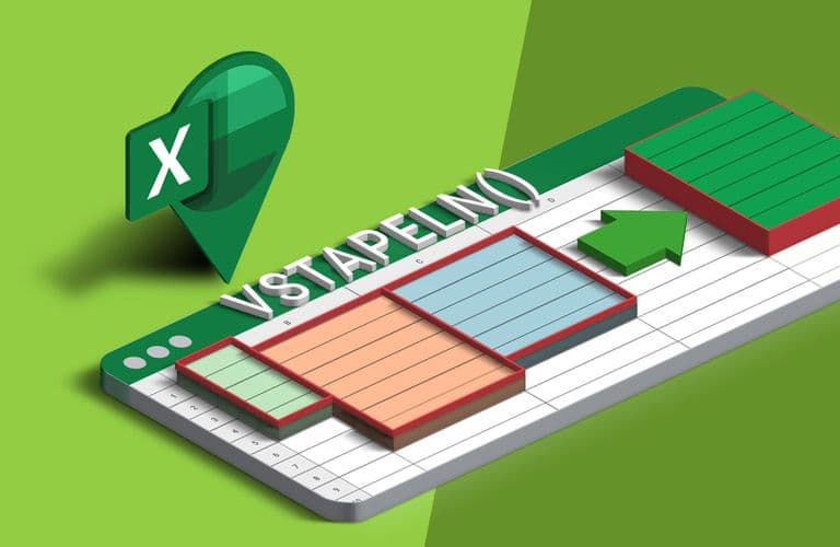 3D-Illustration einer Tabellenkalkulation mit bunten, gestapelten Zellen und dem Excel-Logo, auf dem die Funktion „VSTACK()“ hervorgehoben ist.