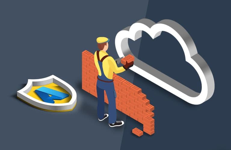 Illustration einer Person, die eine Mauer aus Ziegelsteinen zwischen einem Schild und einem Wolken-Symbol baut, als Symbol für Cybersicherheit und Datenschutz.